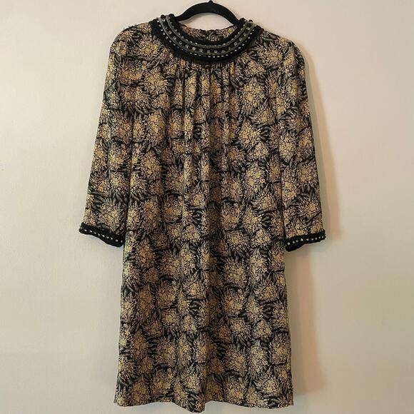3.1 Phillip Lim Dresses & Skirts - 3.1 Phillip Lim Black Tan Floral Beaded Neck Silk 3/4 Sleeve Shift Dress size 2